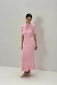 Pink knit maxi dress featuring a chic mock neck with elegant bow tie detail - S / Pink