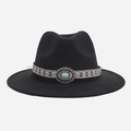 Detail of black wool fedora featuring an ethnic ribbon with turquoise stone embellishment - Turquoise Woven Belt