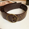 Detail of dark brown leather belt with round brass buckle and multiple metal eyelets - 6# Waist Chain - Coffee Square