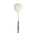 Beige silicone slotted spoon with brown handle and hanging hole for kitchen use - Skimmer