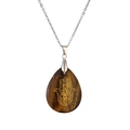 Tiger eye teardrop pendant necklace featuring golden Hamsa hand symbol on silver chain - Tiger Eye/Stainless Steel Chain