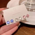 Three pairs of round cat-eye stone stud earrings in blue, white, and pink finishes - Three-Color Cat Eye Round Set