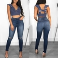 Dames set met donkerblauwe crop top met ruches en high waist skinny jeans met scheuren - S / Blauw