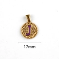 Golden round pendant with purple letter J, 17mm diameter stainless steel jewelry charm - Letter J