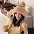 Winter plush trapper hat with pom-pom and faux fur braids in soft khaki color - Pearl Braid Ear Flap Hat / Beige