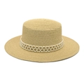 Detail of hand-woven flat top straw hat with three rows of elegant white pearl trim - M (56-58cm) / Beige