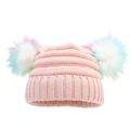 Cozy pink knit winter hat for kids featuring two colorful rainbow faux fur pom-poms - 3-10 Years / Pink