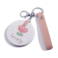 Mini folding double-sided mirror keychain with red flower design and pink leather strap - Red Small Flower
