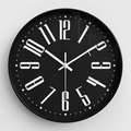Modern 12-inch round wall clock in black with bold 3D white numerals and silent movement - Black Dial Black Frame