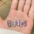 Purple cat-eye handmade press-on nails with silver relief texture and gem accents - Extra Small (XS) / Purple/Ultra-Short Coffin