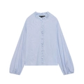 Light blue striped poplin shirt with ruffle trim and lantern sleeves on white background - XS / Light Blue