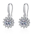 Detailed view of silver flower earrings with zircon sunflower petals and earring hooks - Sunflower Hook Earrings (ED66)