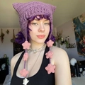 Handmade purple knit hat with cat ears and pink star tassels in a cozy Y2K style - Adult 56-59cm / Purple+Pink Star