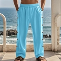 Sky blue linen blend casual pants for men featuring drawstring waist and side button details - S / Sky Blue