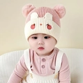 Rosa und beige Baby-Strickmütze mit niedlichen Pompons und Hasenohren Design - Doppel Pompon Haustier - Rosa