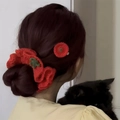 Red crochet ruffle hair tie and handmade flower clip set for women hair styling - Red