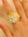 Golden shell-shaped ring with silver coral pattern and white pearls for women - Shell Coral Ring (H-191)