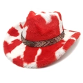 Detail of red and white cow print plush cowboy hat featuring embossed longhorn bull metal buckle - Heart Top Red (Cow Print)
