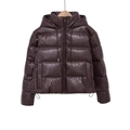 Women's warm dark brown hooded faux leather puffer jacket with drawstring waist detail - XS / Dark Red