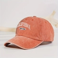 Detail of white California West Coast embroidery on washed cotton brick red baseball cap - Adjustable / Orange