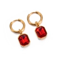 Gold plated stainless steel hoop earrings with red rectangular crystal pendant - Gold Red