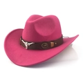 Classic rose pink felt cowboy hat featuring a brown leather band and silver bull head ornament - M(56-58cm) / Fuchsia (Bull Head)