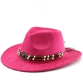 Detail of rose red cowboy hat with ethnic beaded band and metallic medallion accent - M (56-58cm) / Rose Red