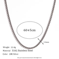 Macro shot of 2.4mm silver 316L stainless steel box chain necklace with dimensions - 2mm Box Chain (60+5cm)