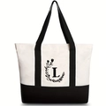 Canvas tote bag in black and white featuring a floral wreath with letter I design - Letter L / 46*12*31CM