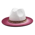 Detail of white wool jazz hat with fuchsia gradient brim and golden chain strap - M (56-58cm) / White + Rose Red