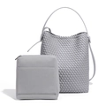Light grey woven bucket bag set with matching inner pouch and leather shoulder strap - Agate Grey