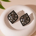 Macro detail of dark metal rhombus earrings with grey gemstone and crystal paving - Gun Black Rhinestone Rhombus (S925 Silver Needle)