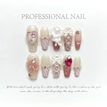 Handmade ballet pink gradient press-on nails with 3D angel charms and pearls - Extra Small (XS) / Blush Gradient Plaid