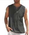 Men's dark grey cotton linen sleeveless t-shirt with lace-up V-neck and front pocket - S / Dark Gray