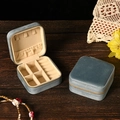 Blue-grey velvet square jewelry box with zipper closure and beige flocking interior - Velvet Deep Blue (No Mirror)