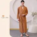 Men's light coffee waffle robe with white piping and waist belt for summer spa comfort - XL / Male Style / Light Coffee
