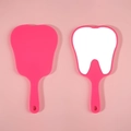Pink tooth-shaped handheld makeup mirror with cute handle showing front and back view - Rose Red