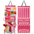 Schmuck-Organizer aus rosa Filz mit Herz-Haken und Fächern für Haarschmuck und Schleifen - Zweireihig 31*73cm / Rosarot