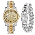 Macro view of diamond-set watch dial and matching cuban link bracelet set in gold silver - Gold Watch + Silver Bracelet