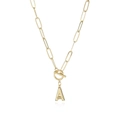Close-up of gold paperclip chain necklace with letter A pendant and toggle clasp detail - Letter A