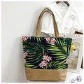 Floral canvas tote bag with green palm leaves and pink flowers and jute handles - Yellow Pink Fine Leaf