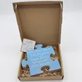 Blue puzzle-shaped wooden souvenir plaque with sentimental message in a gift box packaging - 1-Every journey-Blue