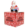 Red Christmas candy gift box featuring white holiday illustrations and Santa Claus topper - Red