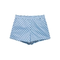 Detail of light blue mini shorts with black polka dots featuring a clean tailored waist - Blue Polka Dot Shorts