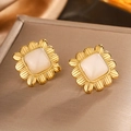 Detail of vintage 18K gold plated square resin stud earrings on a display box - Gold/Creamy White (E-312)