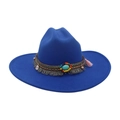 Chapeau fedora bleu royal à large bord avec ruban bohème et ornements turquoise - Taille unique / Bleu royal