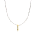 Faux pearl necklace featuring a golden rectangular pendant with four white zircons - Letter I