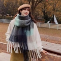 Rainbow plaid winter scarf in grey, black, and mint green with cozy fringe tassels - Grey Green Plaid