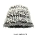 Fuzzy knit bucket hat in black and white mixed yarn with colorful fiber speckles - M (54-58cm) / Black & White