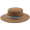 Detail view of brown wool fedora hat featuring a wide brim and four-row rhinestone band - M(56-58cm) / Khaki